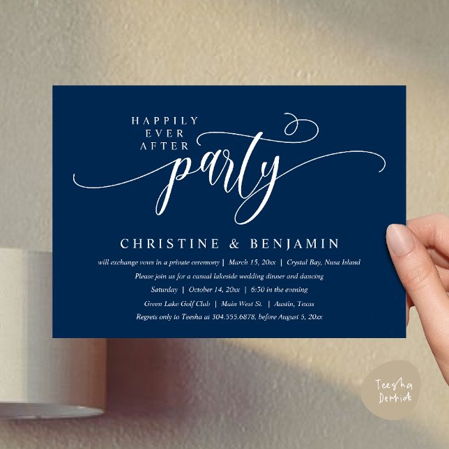 Convite Festa de Recepção Moderna Boho Felizes para Sempre (Modern Boho Happily Ever After Reception Party Invitation card PDF in navy blue)