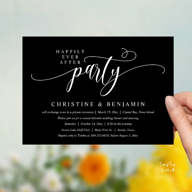 Convite Festa de Recepção Moderna Boho Felizes para Sempre (Modern Boho Happily Ever After Reception Party Invitation card PDF in classy black white)