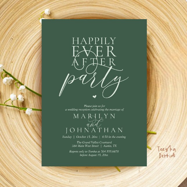 Convite Festa de Recepção Modernamente Minimalista Felizes (Modern Minimal Happily Ever After Party Reception Invitation Card in Sage Green Romance)