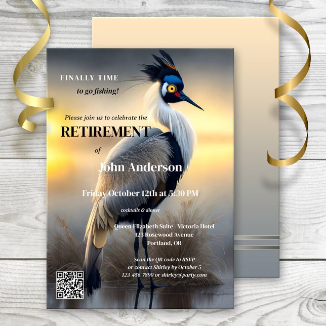 Convite Festa de Reforma da Arte de Egrete de Pesca Desapa (Retirement party invitation featuring a painting of an egret. Gone fishing or a new adventure)