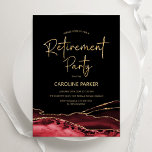 Convite Festa de Reforma Dourada de Preto Vermelho<br><div class="desc">Convite de festas de aposentadoria vermelho,  preto e ouro. Elegante design moderno com aquarela agate marble geode background,  faux glitter gold e typografia script font. Trendy convida o cartão perfeito para uma festa de aposentadoria das mulheres na moda. Impressos convites Zazzle ou modelo de impressão digital instantânea para download.</div>