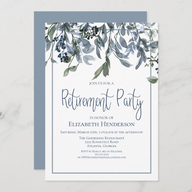 Convite Festa de Reforma Floral Azul (Frente/Verso)