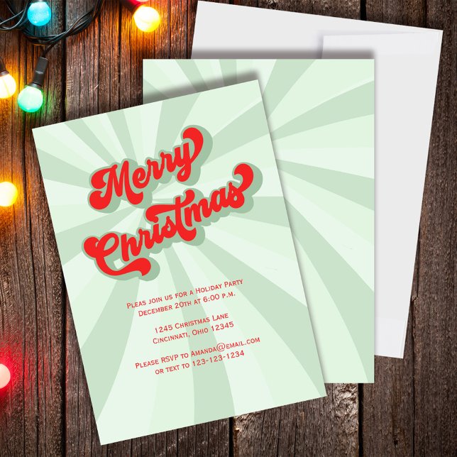 Convite Festa de Retro de Natal Vermelho e Verde (Merry Christmas Holiday Party invitation with whimsical retro style typography.  )