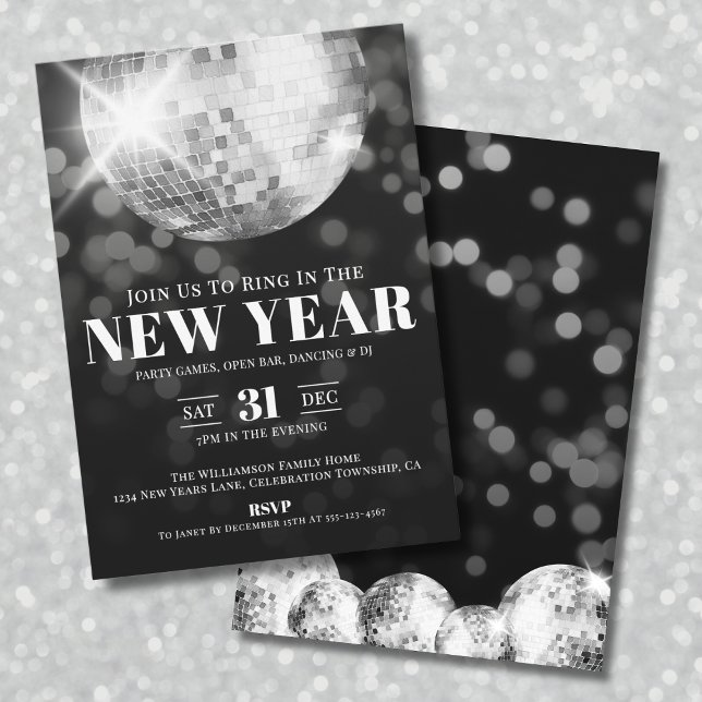 Convite Festa de Réveillon Preto e Branco (Black White New Year's Eve Celebration Party Invitation)