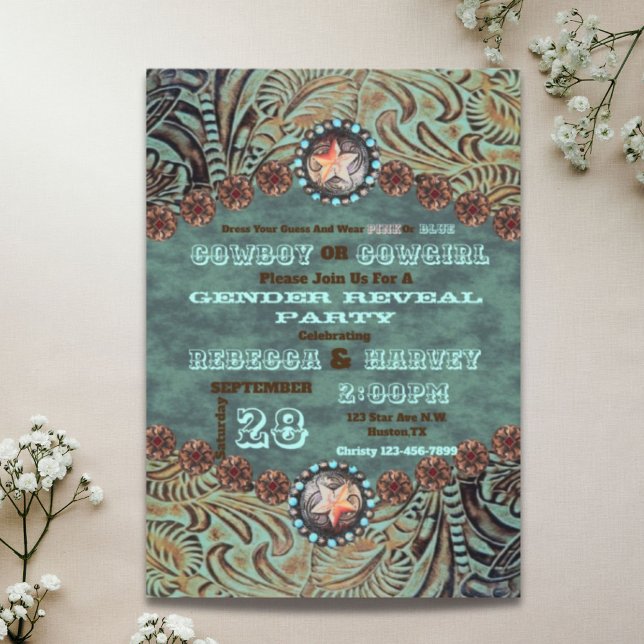 Convite festa de revelação de cowboy ou cowboy ocidental (western cowboy or cowgirl gender reveal party invitation)