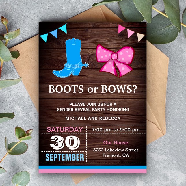 Convite Festa de Revelação de Gênero Botas ou Laços (Criador carregado)