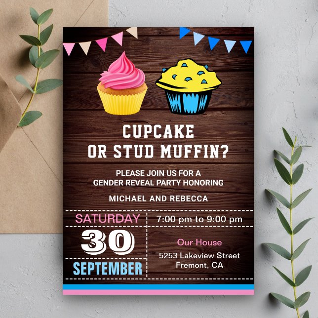 Convite Festa de Revelação de Gênero Cupcake ou Muffin (Criador carregado)