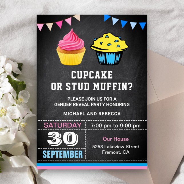 Convite Festa de Revelação de Gênero Cupcake ou Muffin (Criador carregado)