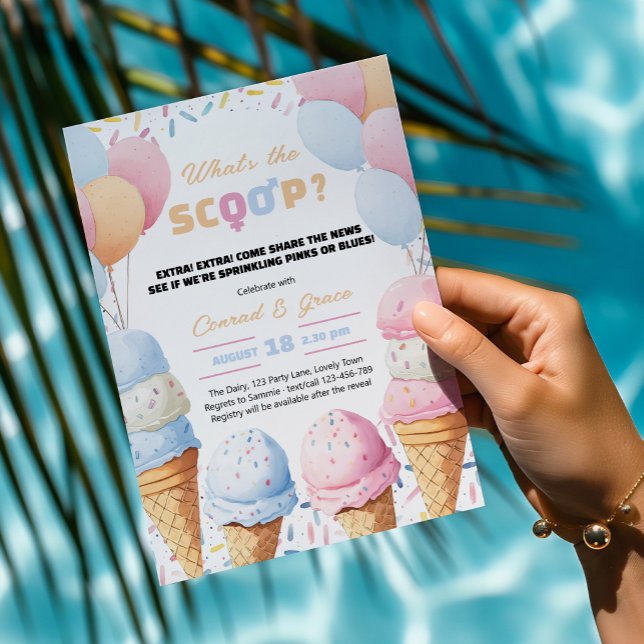 Convite Festa de Revelação de Gênero do Sorvete Qual é a B (What's the Scoop? Girl or Boy ice cream theme gender reveal invitation.)