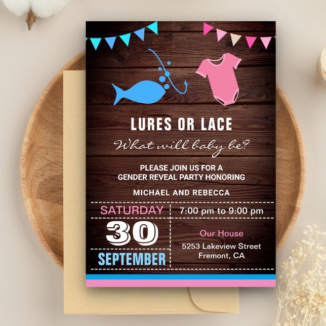 Convite Festa de Revelação de Gênero Lures ou Lace (Criador carregado)
