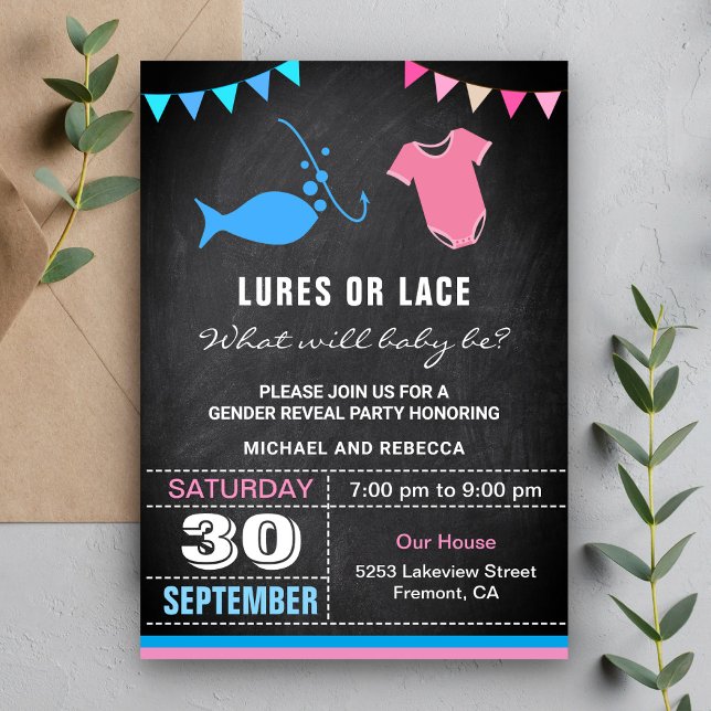 Convite Festa de Revelação de Gênero Lures ou Lace (Criador carregado)
