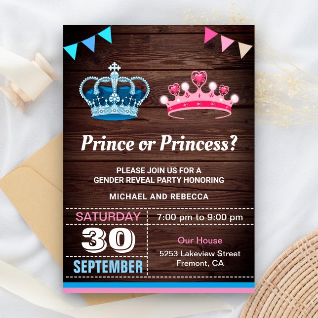 Convite Festa de Revelação de Gênero Príncipe ou Princesa (Criador carregado)