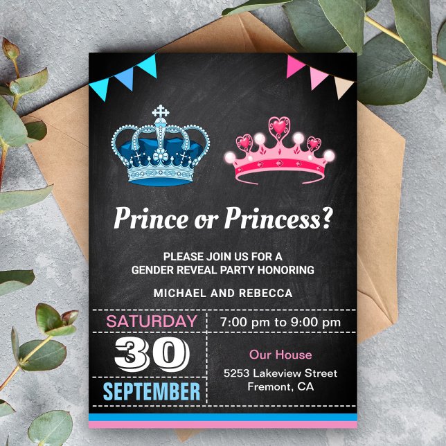 Convite Festa de Revelação de Gênero Príncipe ou Princesa (Criador carregado)