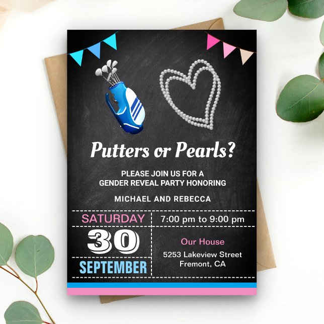 Convite Festa de Revelação de Gênero Putters ou Pérolas (Criador carregado)