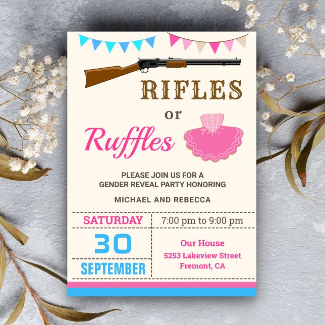 Convite Festa de Revelação de Gênero Rifles ou Ruffles (Criador carregado)