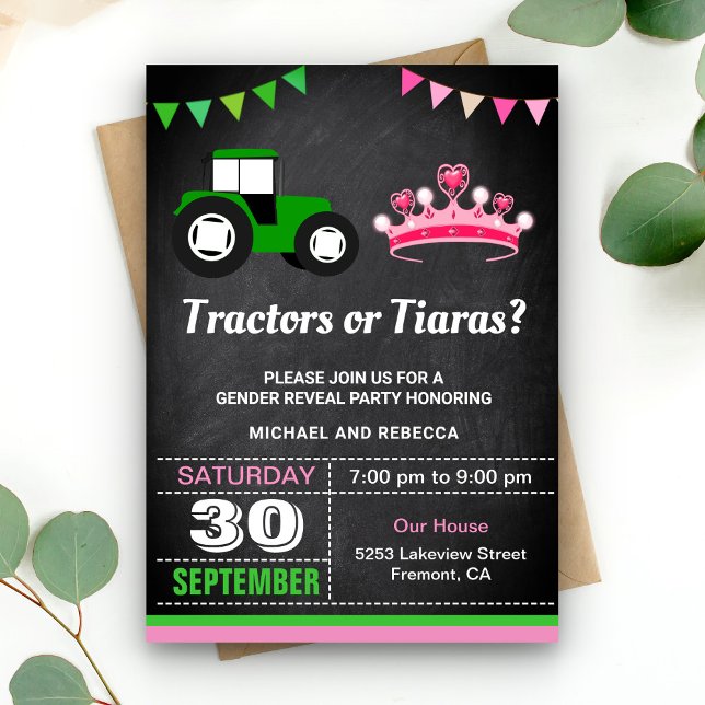 Convite Festa de Revelação de Gênero Tratores ou Tiaras (Criador carregado)