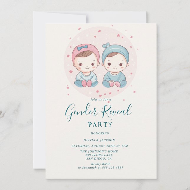 Convite Festa de Revelação de Menino Rosa e Azul ou Menino (Frente)