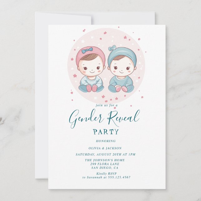 Convite Festa de Revelação de Menino Rosa e Azul ou Menino (Frente)