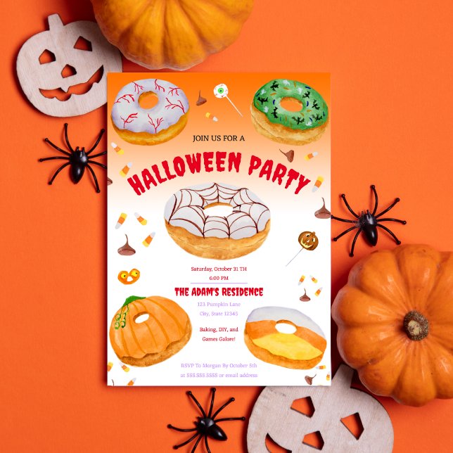 Convite Festa de Rosquinha de Aquarela, licorosa no Hallow (Spook up your Halloween party with our cute and customizable watercolor donuts invitation!)