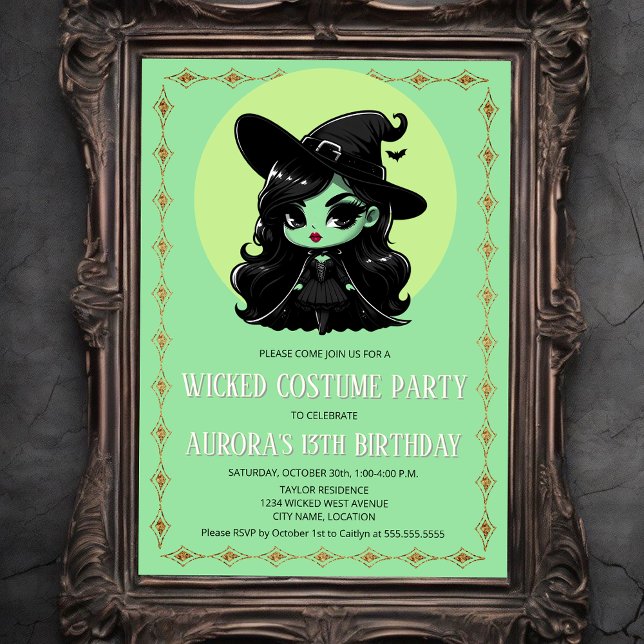 Convite Festa de Roupa de Bruxa Má (Cute wicked little green witch invitation front view.)