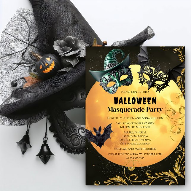 Convite Festa de roupas de Mascarada de Halloween (Full moon, bats, and Halloween masquerade costume party invitation front.)