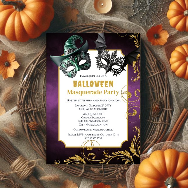 Convite Festa de roupas de Mascarada de Halloween (Halloween masquerade party invitation front.)