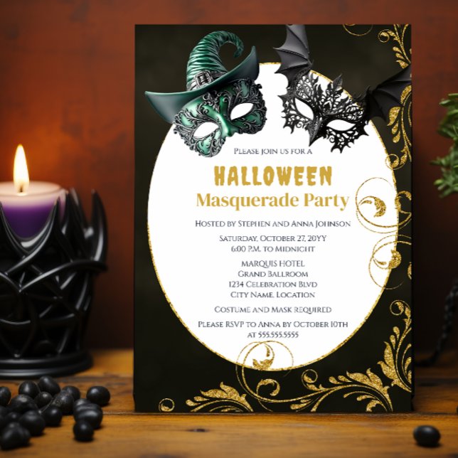Convite Festa de roupas de Mascarada de Halloween (Halloween masquerade costume party invitation front.)