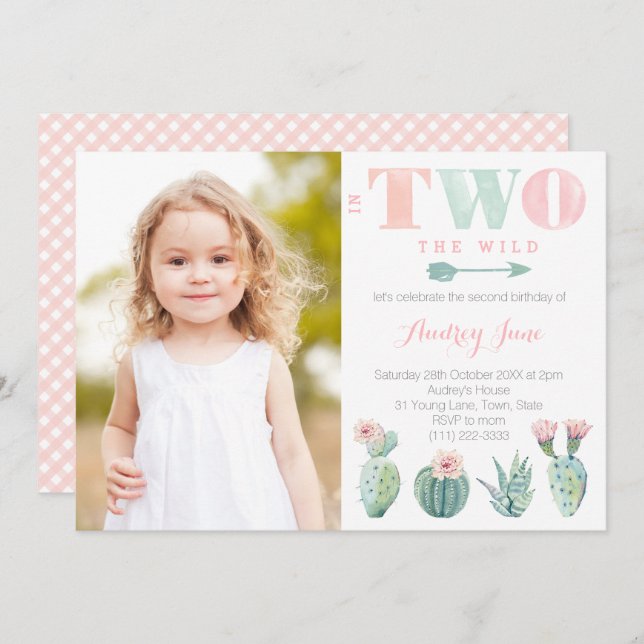 Convite Festa de segundo aniversário Cactus para Menina co (Frente/Verso)