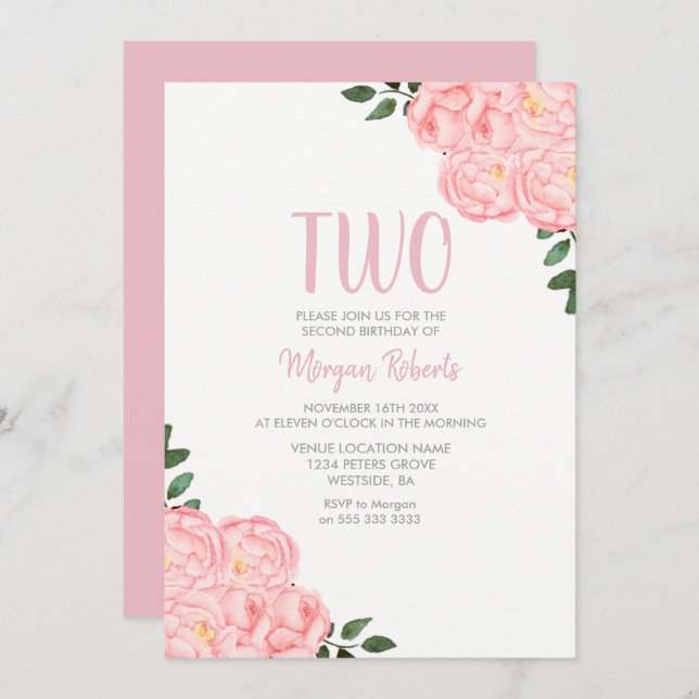 Convite Festa de segundo aniversário das Raparigas Rosa Ro (Frente/Verso)