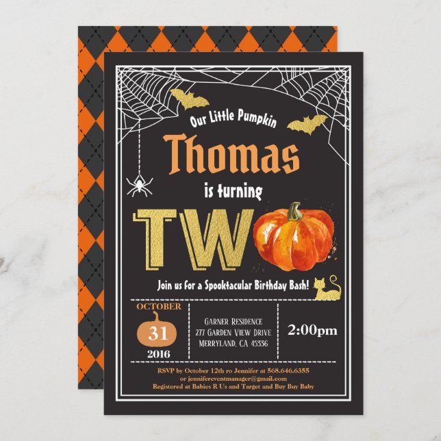 Convite Festa de segundo aniversário de abóbora do Dia das (Frente/Verso)
