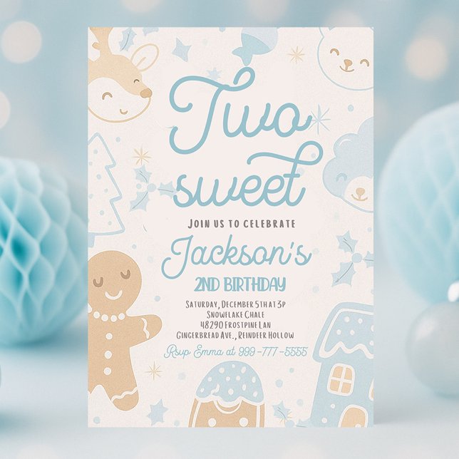 Convite Festa de segundo aniversário de Biscoito de Natal  (Two Sweet boy Christmas cookie second birthday party invitation with gingerbread, holiday cookies, a)