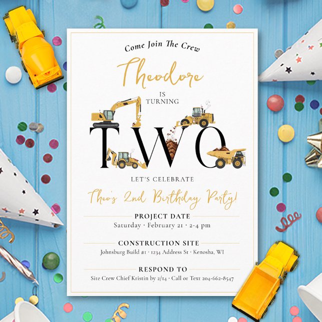 Convite Festa de segundo aniversário de Bomba de Construçã (Boys fun construction theme party dump trucks digger join the crew TWO 2nd birthday invitation)
