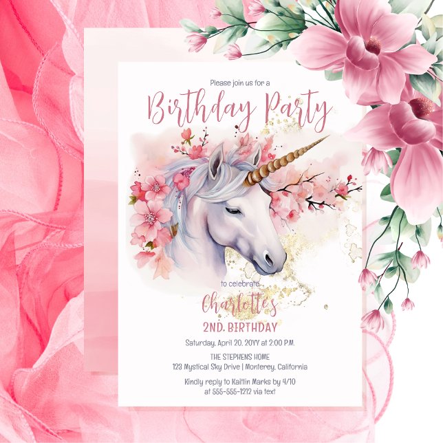 Convite Festa de segundo aniversário de Garota Floral Míst (Unicorn Mythical Creature and Pink Cherry Blossom Floral 2nd Birthday Party Invitation)