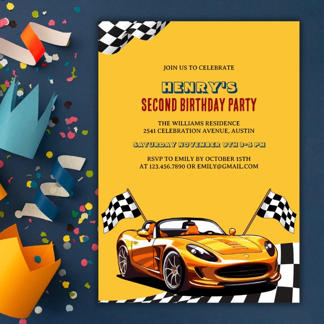 Convite Festa de segundo aniversário de Menino da Corrida  (Yellow Race Car Theme Boy 2nd Birthday Party Invitation)