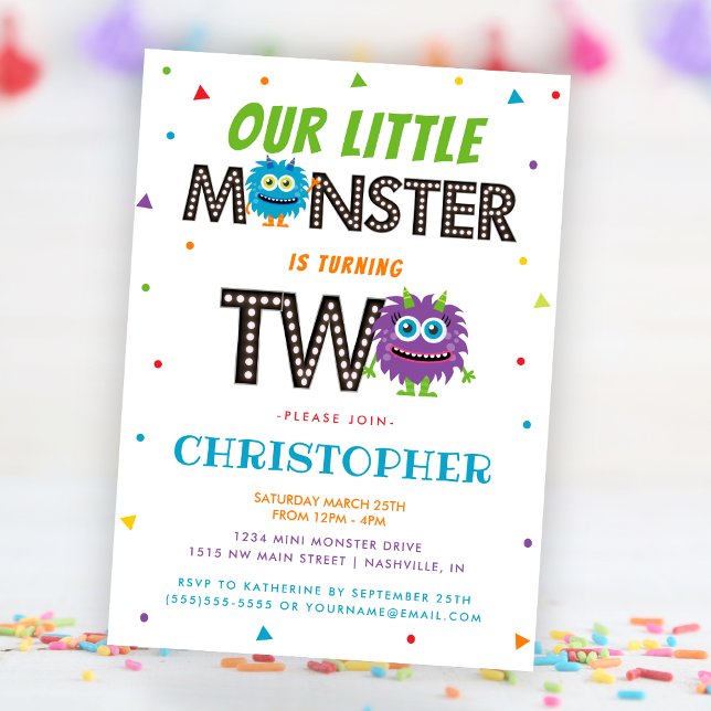 Convite Festa de segundo aniversário de Monstro Azul para  (Cute Boys Blue Monster 2nd Birthday Party Invitation)