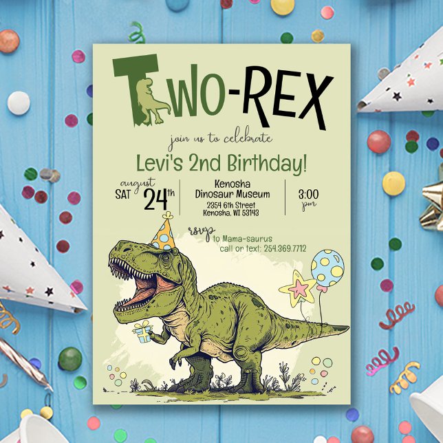 Convite Festa de segundo aniversário do Dinossauro Cute co (Cute Cartoon T-Rex Dinosaur wearing birthday hat, Two-Rex 2nd birthday party invitation two-a-saurus)