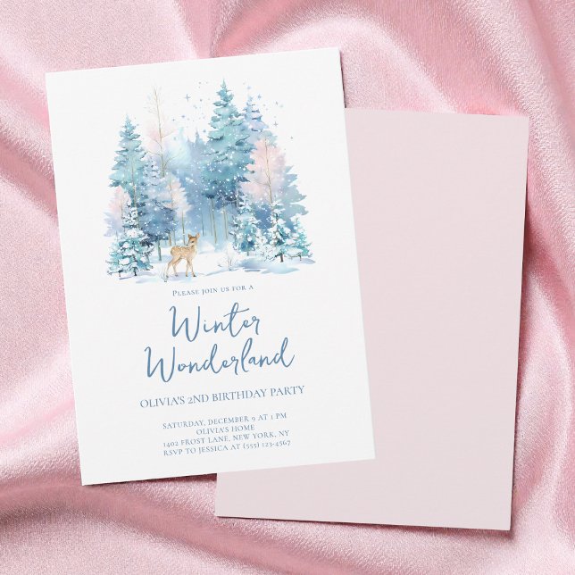 Convite Festa de segundo aniversário do Wonderland Winter  (Pink Woodland Winter Wonderland 2nd Birthday Party Invitation)