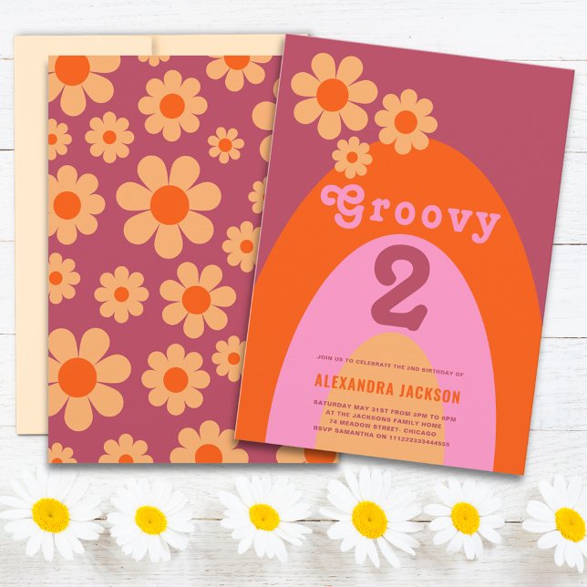 Convite Festa de segundo aniversário Floral Retro do Groov (Groovy 2 retro arch vintage floral pink orange and yellow 2nd birthday party invitation )