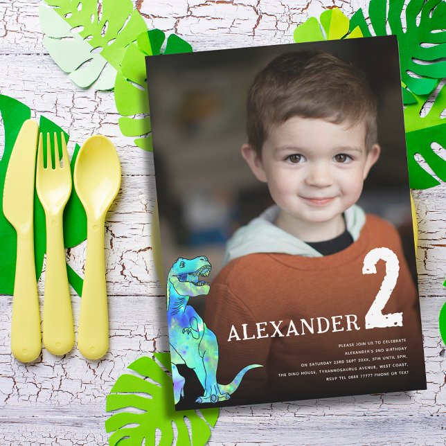 Convite Festa de segundo aniversário Personalizada do Dino (Colorful Dinosaur T-Rex roar personalized photo 2nd birthday party invitation)