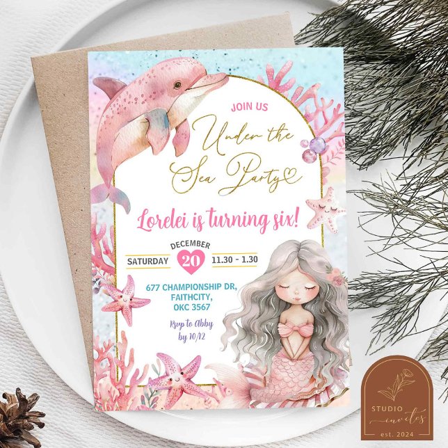 Convite Festa de Sereia do Mar de Golfinho Rosa Rapariga d (Criador carregado)