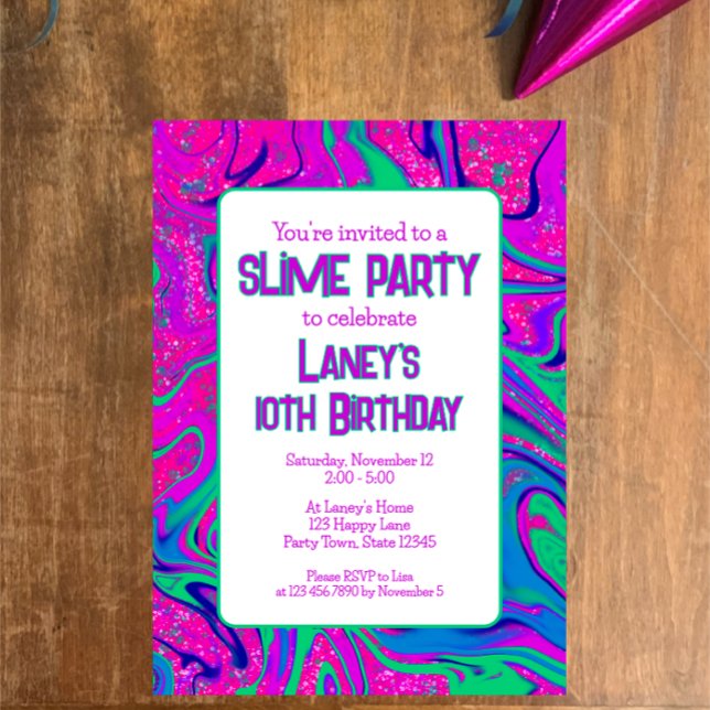 Convite Festa de Slimus de Aniversário, Rosa Vibrante (Customize this unique trendy invitation for a fun slime birthday party. Groovy swirled pink and teal)