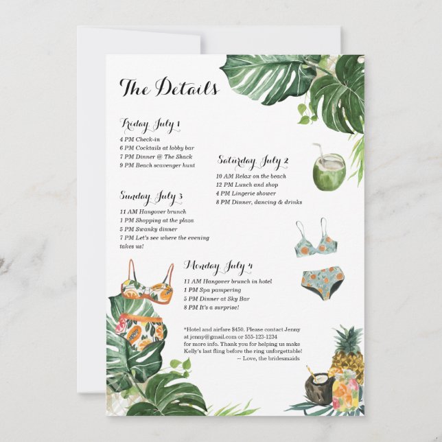 Convite Festa de solteira Beach Weekend 4 Day Itinerary (Verso)