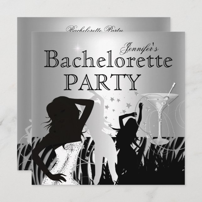 Convite Festa de solteira Black Silver Zebra Dance (Frente/Verso)