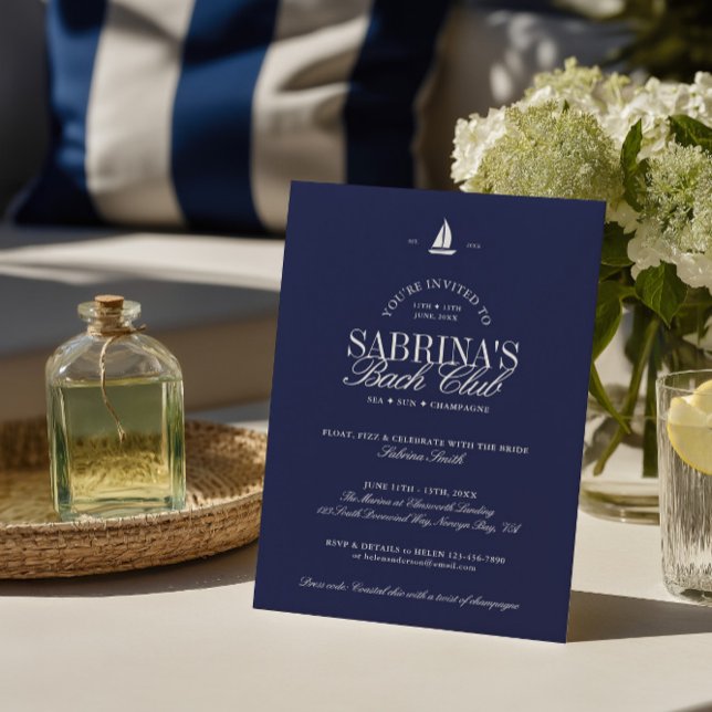 Convite Festa de solteira Chic marinho Azul Costeira (Navy Blue Coastal Chic Bachelorette Party Invitation)