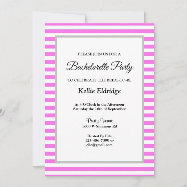 Convite Festa de solteira com moldura de tiras rosa/branca (Frente)