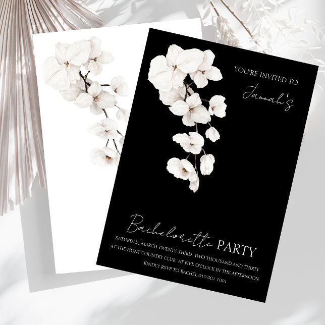 Convite Festa de solteira das Orquídeas Brancas Negras Mod (Modern Black and White Orchids Flowers Bachelorette Party Wedding Invitation)