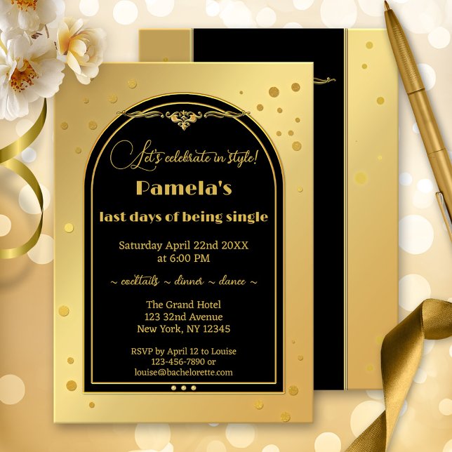 Convite Festa de solteira de Confetti Preto Dourado Chic (A classic gold and black bachelorette party invitation with sparkling gold confetti.)