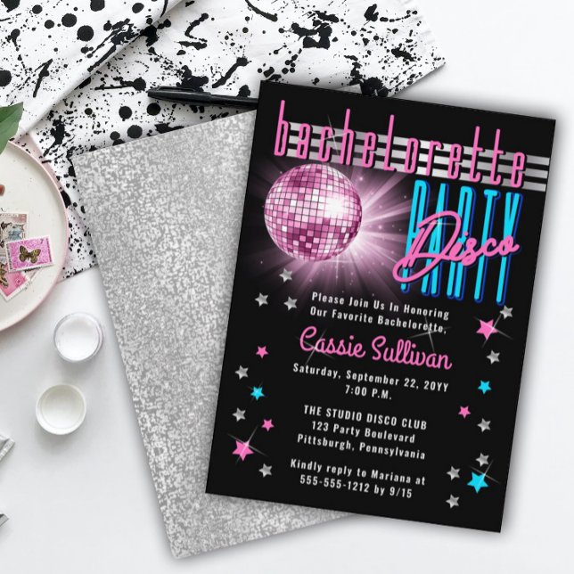 Convite Festa de solteira de esfera Neon Look Disco, retro (Retro 70's Neon Look Disco Ball Bachelorette Party Invitation)