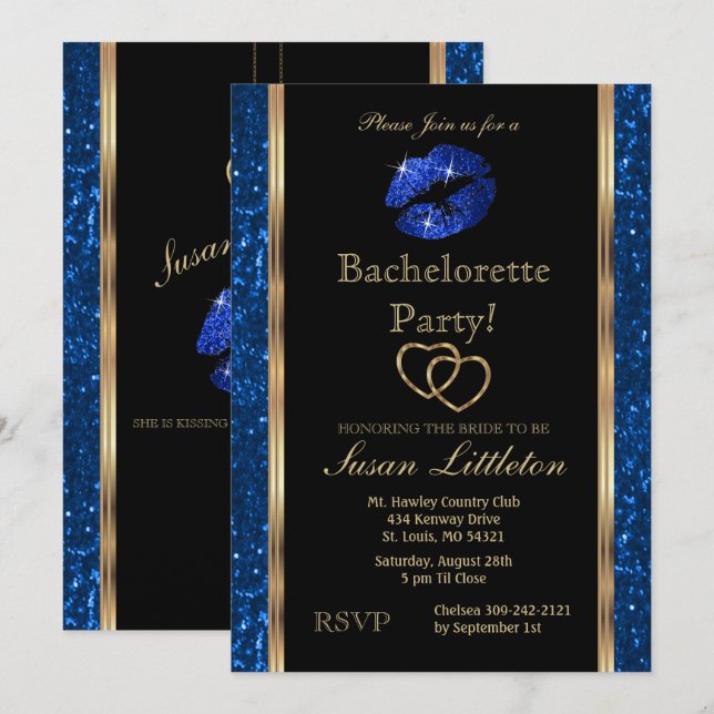 Convite Festa de solteira de Lábios brilhantes azuis escur (Frente/Verso)