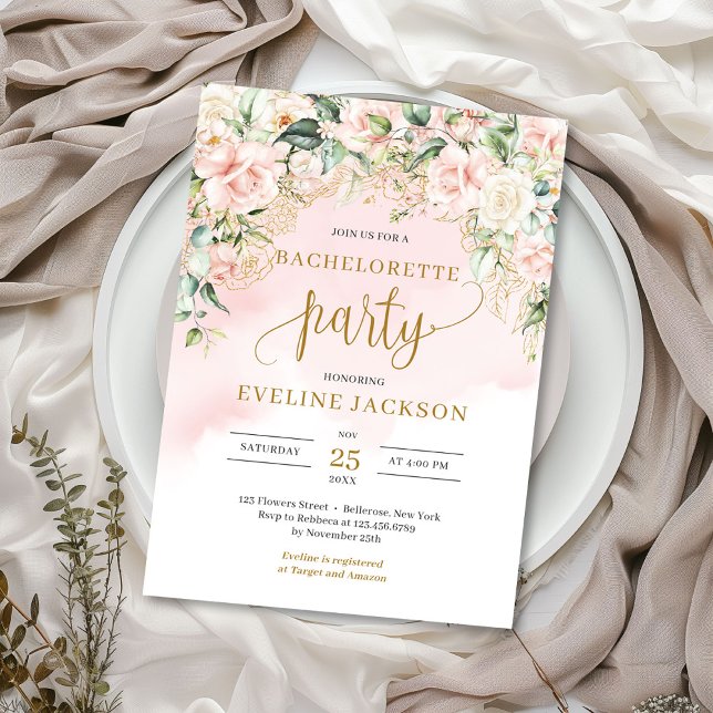 Convite Festa de solteira de ouro de rosas rosa-660 (Elegant boho blush pink roses greenery gold bachelorette party invitation )
